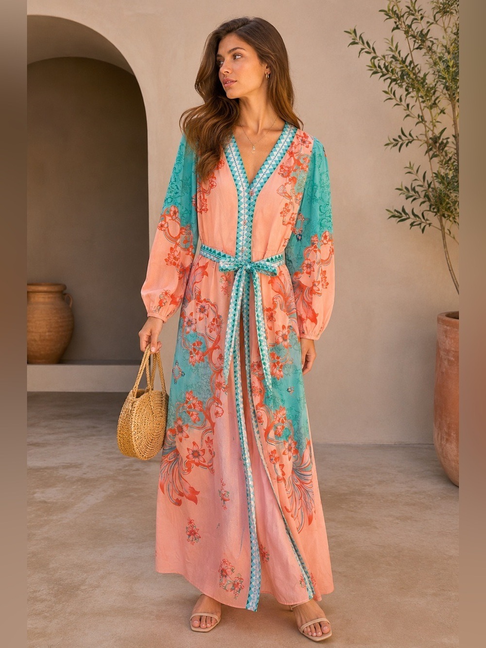 Celina Moon XS Floral Maxi Dress Belted Boho Resort Vacation